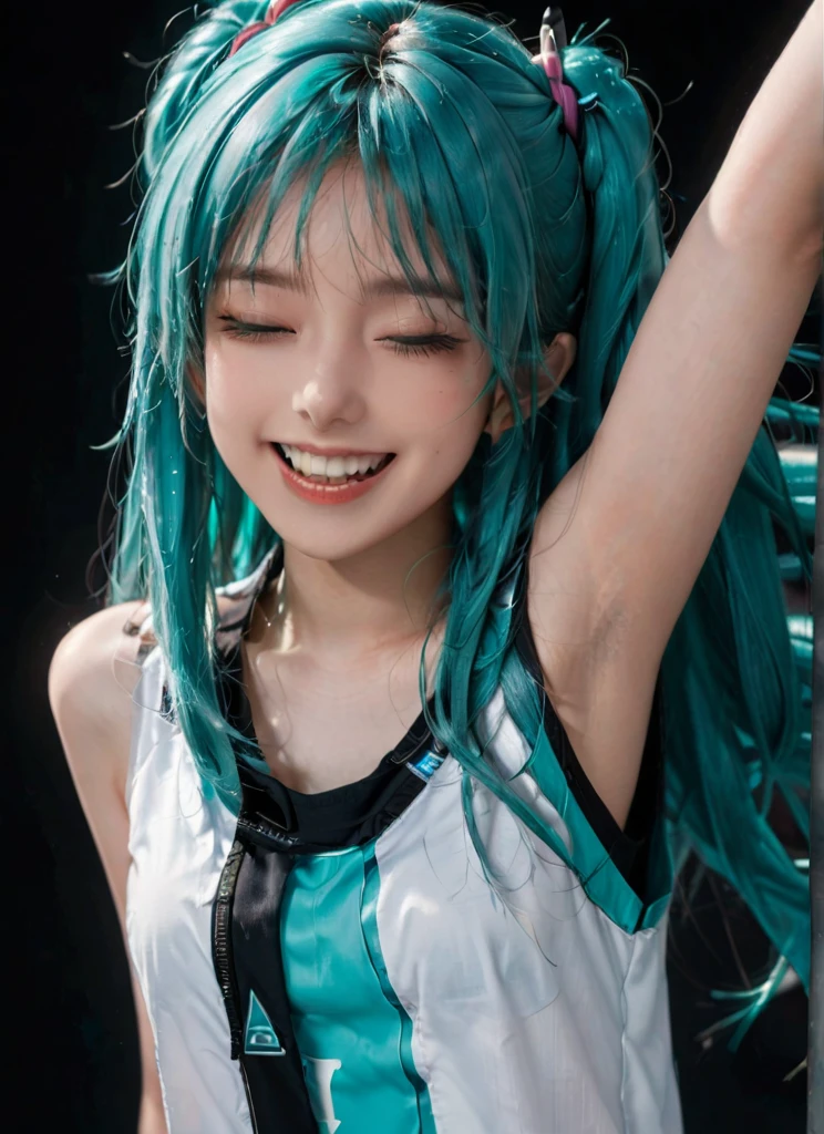 score_9, score_8_up, score_7_up, score_6_up, tatata_style BREAK
hatsune miku, 1girl, :d, claw pose, hair between eyes, hand up, looking at viewer, open mouth, raised eyebrows, sleeveless shirt, smile, solo, teeth, upper body, upper teeth only, very long hair, aqua nail polish, half-closed eyes , black background
