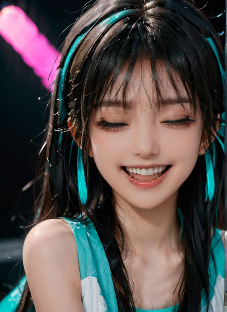 score_9, score_8_up, score_7_up, score_6_up, tatata_style BREAK
hatsune miku, 1girl, :d, claw pose, hair between eyes, hand up, looking at viewer, open mouth, raised eyebrows, sleeveless shirt, smile, solo, teeth, upper body, upper teeth only, very long hair, aqua nail polish, half-closed eyes , black background
