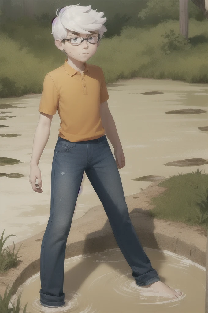 ((lincoln loud, 1boy)), long hair, white hair, sexy thighs, organe polo shirt, blue jeans pants, freckles, body freckles, solo he is stuck in muddy quicksand sinking deeper reaches his upper chest