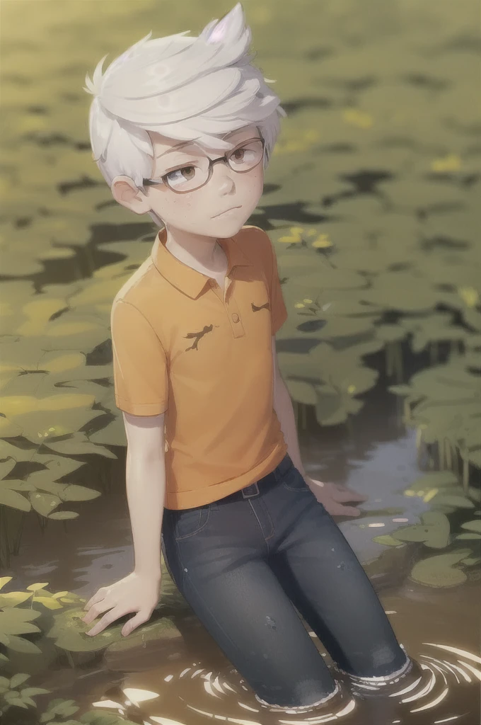 ((lincoln loud, 1boy)), long hair, white hair, sexy thighs, organe polo shirt, blue jeans pants, freckles, body freckles, solo he is stuck in muddy quicksand sinking deeper reaches his upper chest