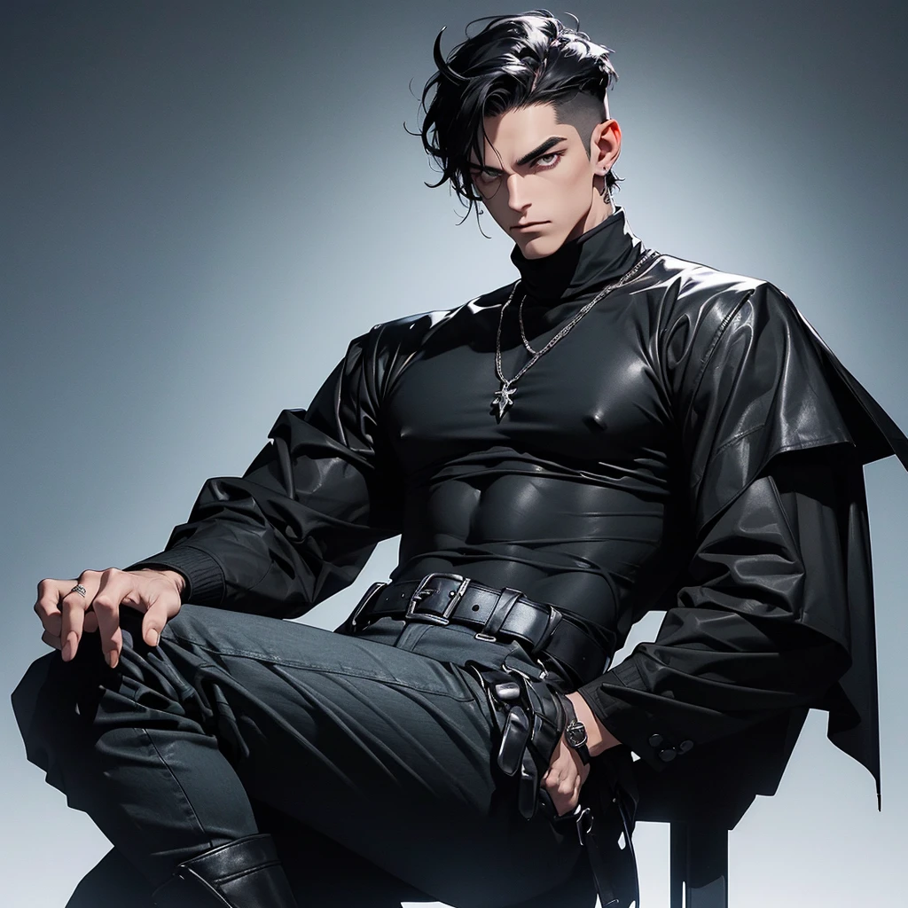 (1 male, man, a man 20-30 years old), Gothic style, demonic, elegant, masculine, dominant, attractive, sexy, a penetrating look, (Messy short hair black hair), fringe that covers his forehead, perfect and detailed face, big body, muscular, ectomorfo, Without beard, demonic smile, mocking expression, arrogant, Dynamic pose with a black cape, pumped body, good anatomy, (dressed in a black long-sleeved shirt, black turtleneck, black denim pants, heavy boots, black leather gloves on both hands, long black horns facing back), (detailed eyes, Even the eyes)