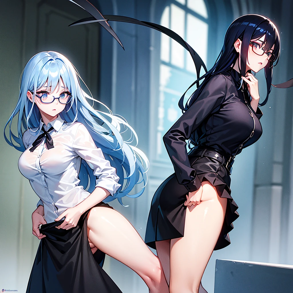 A pretty pretty adult with breasts that are a little pronounced but not exaggerated., pale long dark blue hair with eyes of the same color and wears glasses, She wears a blouse and a black skirt