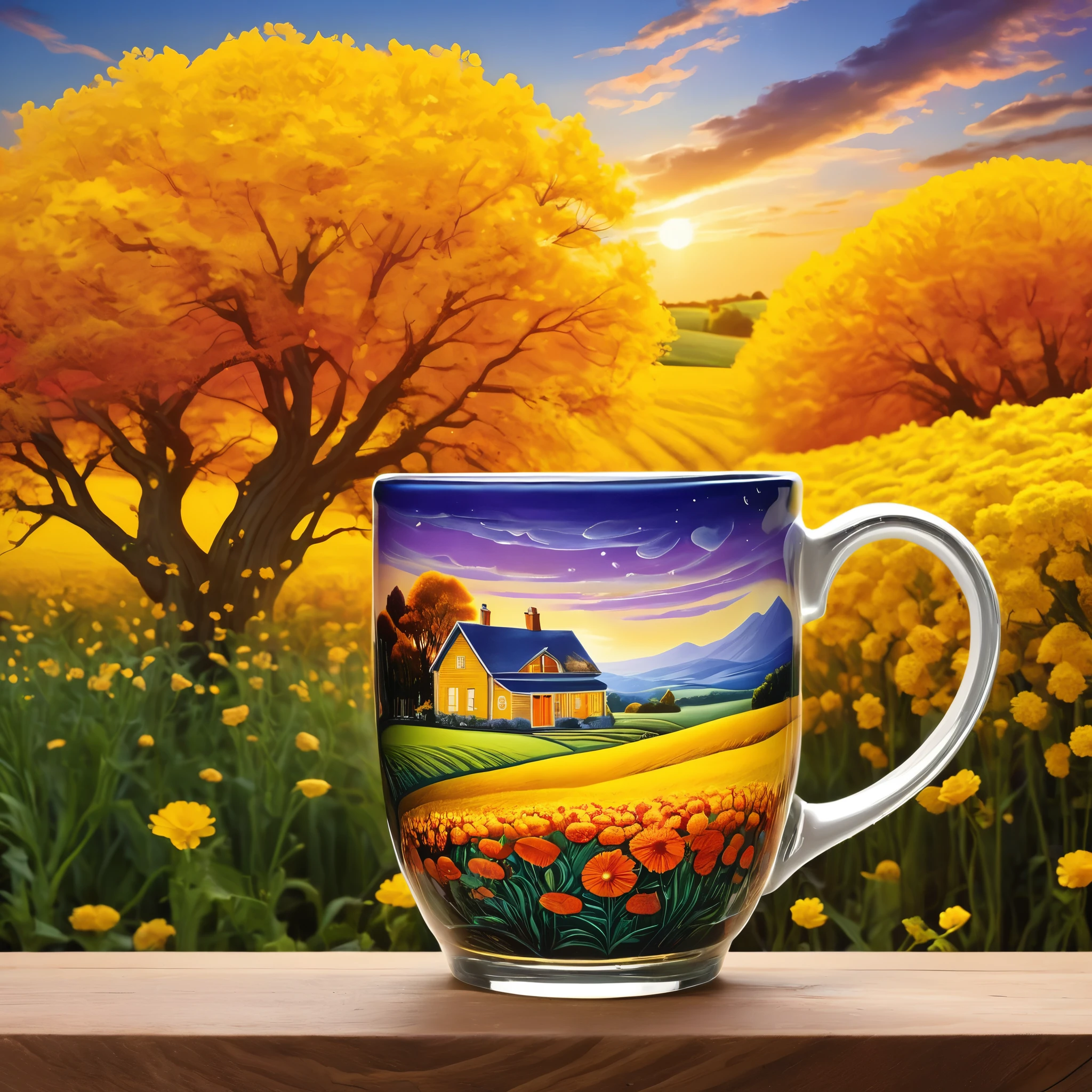 Create a detailed and vibrant image of a landscape contained within a glass mug. The scene inside the mug features rolling fields of bright yellow flowers, trees, and a winding path leading to a small house. Above the fields, a dramatic sunset with swirling red, orange, and purple clouds fills the sky. The scene inside the mug is splashing upward and out of the mug. The setting is in a kitchen, with the mug placed on a wooden table and kitchen items blurred in the background. The style should blend hyper-realism with surrealism, capturing the vivid colors and intricate details of both the landscape and the glass mug.