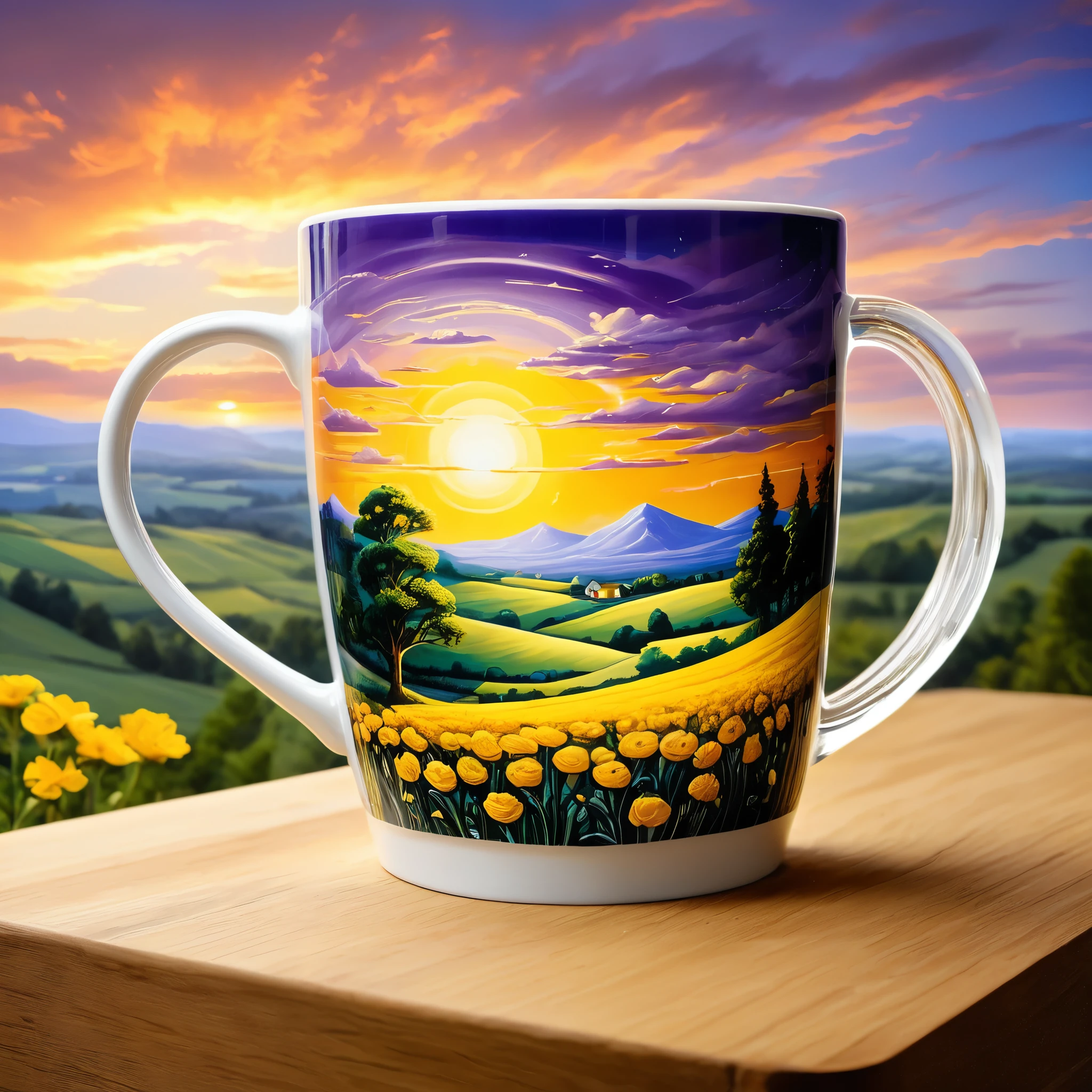 Create a detailed and vibrant image of a landscape contained within a glass mug. The scene inside the mug features rolling fields of bright yellow flowers, trees, and a winding path leading to a small house. Above the fields, a dramatic sunset with swirling red, orange, and purple clouds fills the sky. The scene inside the mug is splashing upward and out of the mug. The setting is in a kitchen, with the mug placed on a wooden table and kitchen items blurred in the background. The style should blend hyper-realism with surrealism, capturing the vivid colors and intricate details of both the landscape and the glass mug.