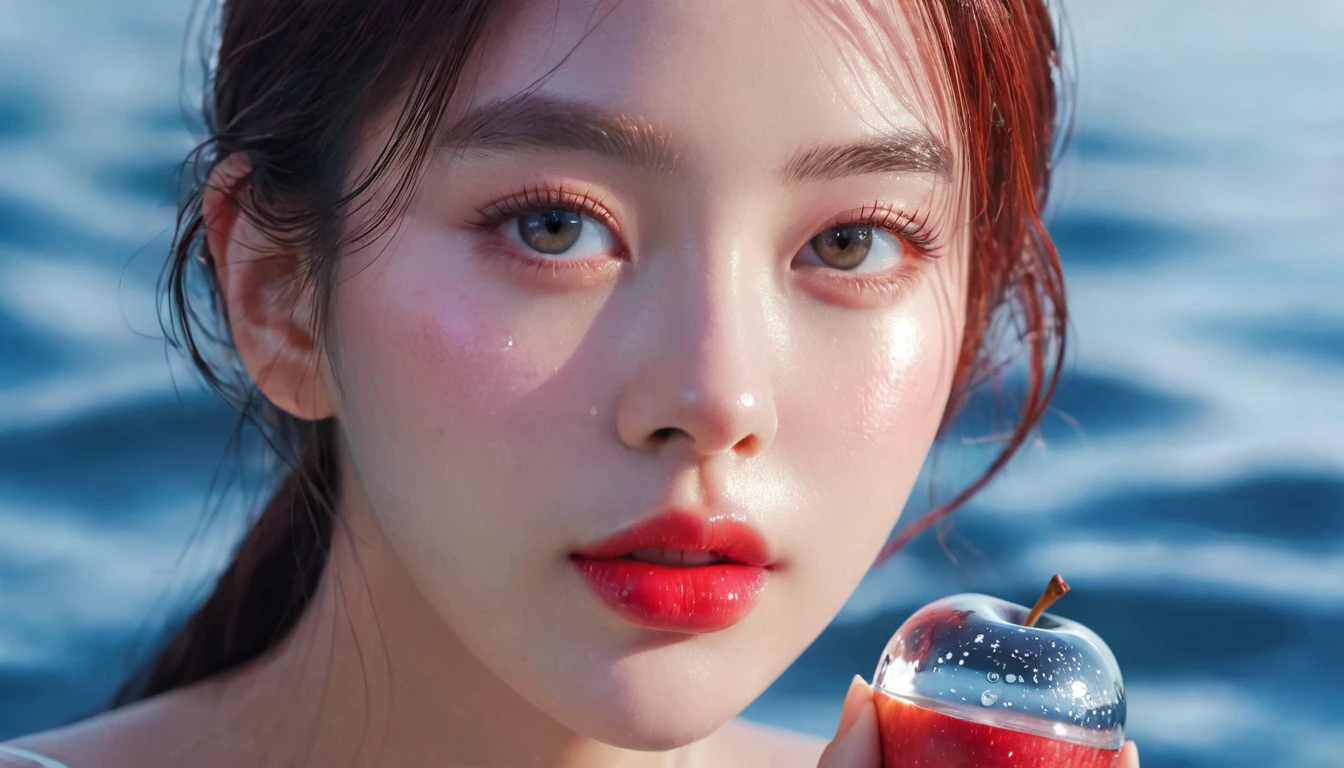 Summer red apple girl，Dopamine teenage， Cool summer days，Ice cubes，The watery girl，Delicate skin，Hydration，Shiny，Shiny，dream，Front view，bust，pearl，Red apple fruit