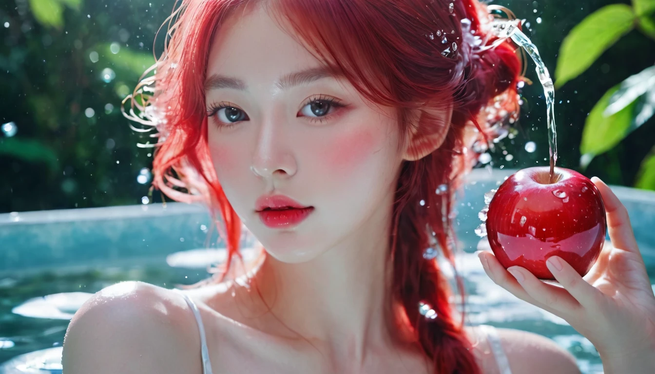 Summer red apple girl,Dopamine teenage, Cool summer days,Ice cubes,The watery girl,Delicate skin,Hydration,Shiny,Shiny,dream,Front view,bust,pearl,Red apple fruit