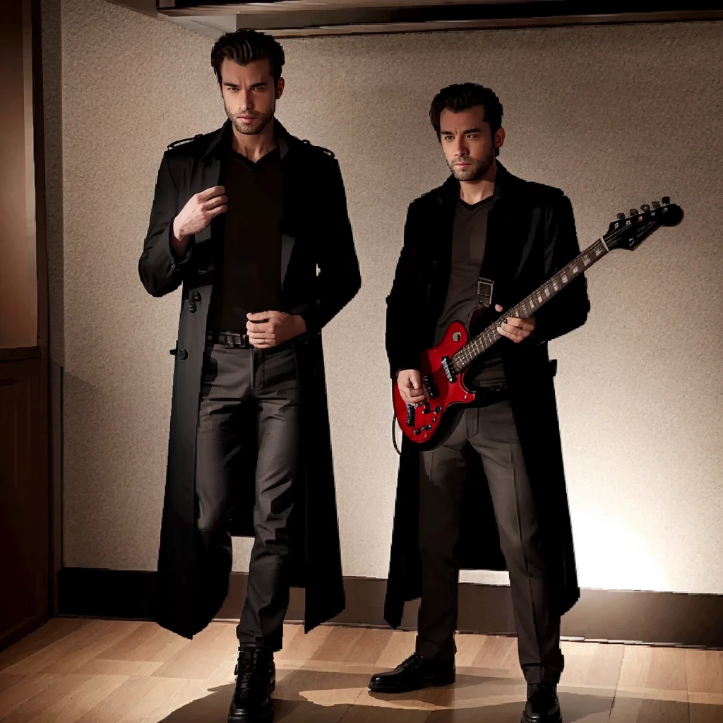 Man with two heads coming out of the same body, He is playing a guitar in a dark bar with poor lighting. The man can be seen standing in full body, wearing a black trench coat