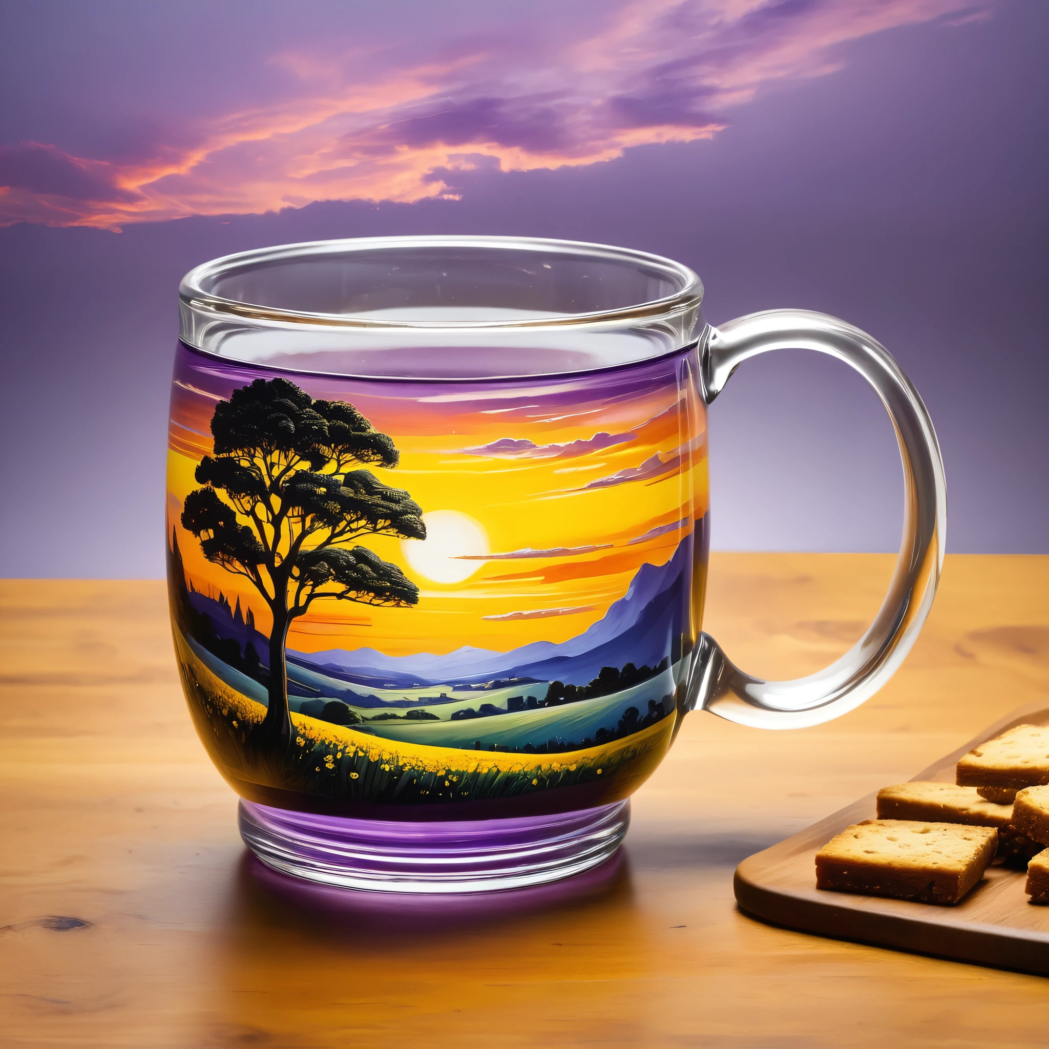 Create a detailed and vibrant image of a landscape contained within a glass mug. The scene inside the mug features rolling fields of bright yellow flowers, trees, and a winding path leading to a small house. Above the fields, a dramatic sunset with swirling red, orange, and purple clouds fills the sky. The scene inside the mug is splashing upward and out of the mug. The setting is in a kitchen, with the mug placed on a wooden table and kitchen items blurred in the background. The style should blend hyper-realism with surrealism, capturing the vivid colors and intricate details of both the landscape and the glass mug.