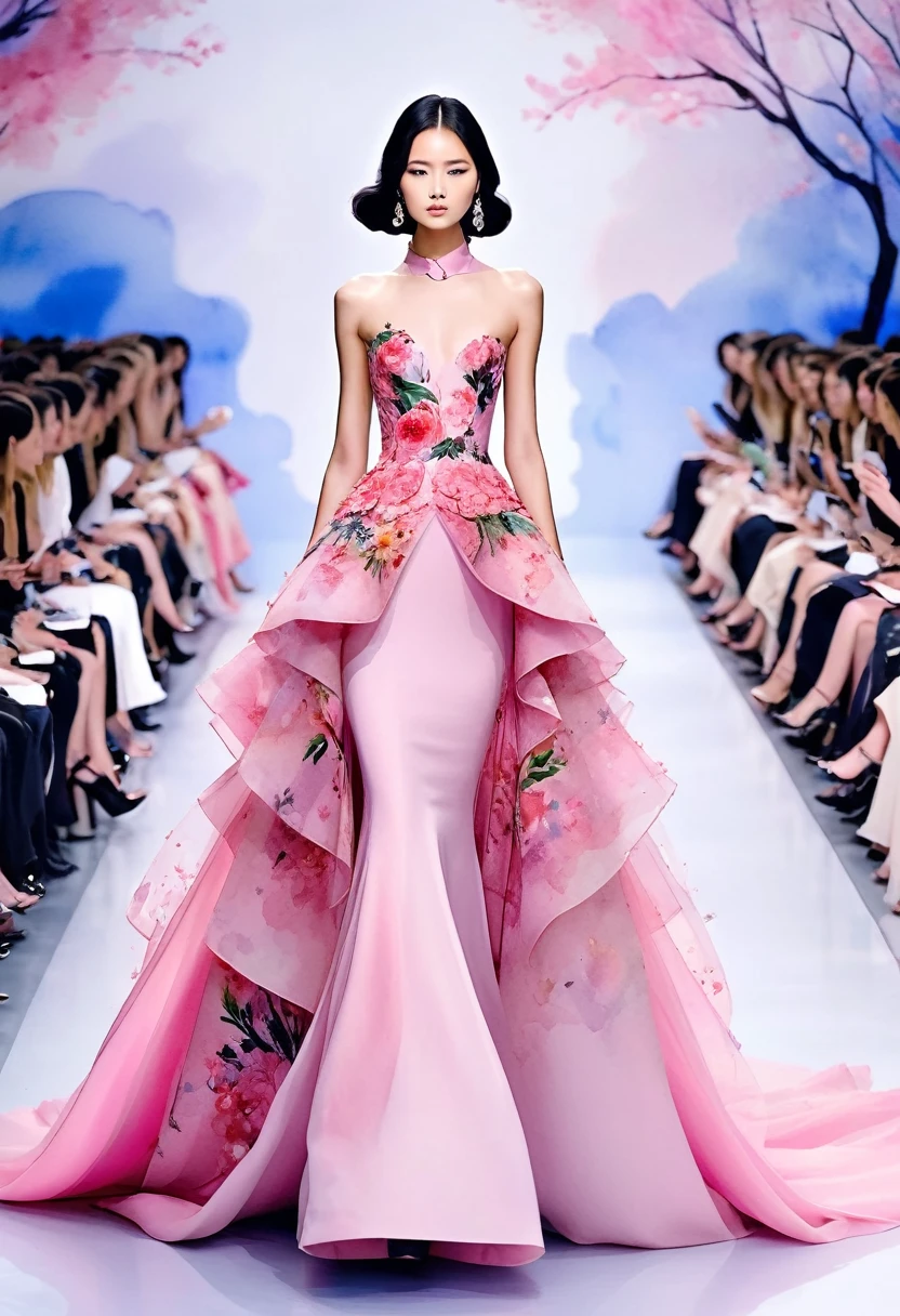 watercolor style::1.5 , Chinese model wearing a pink Dior gown with floral detailing, full body shot, on the runway, front view, showcasing the voluminous skirt and train details, natural lighting, Exaggerated dresses, Watercolor style, . The gown is in the style of Dior., anime style,