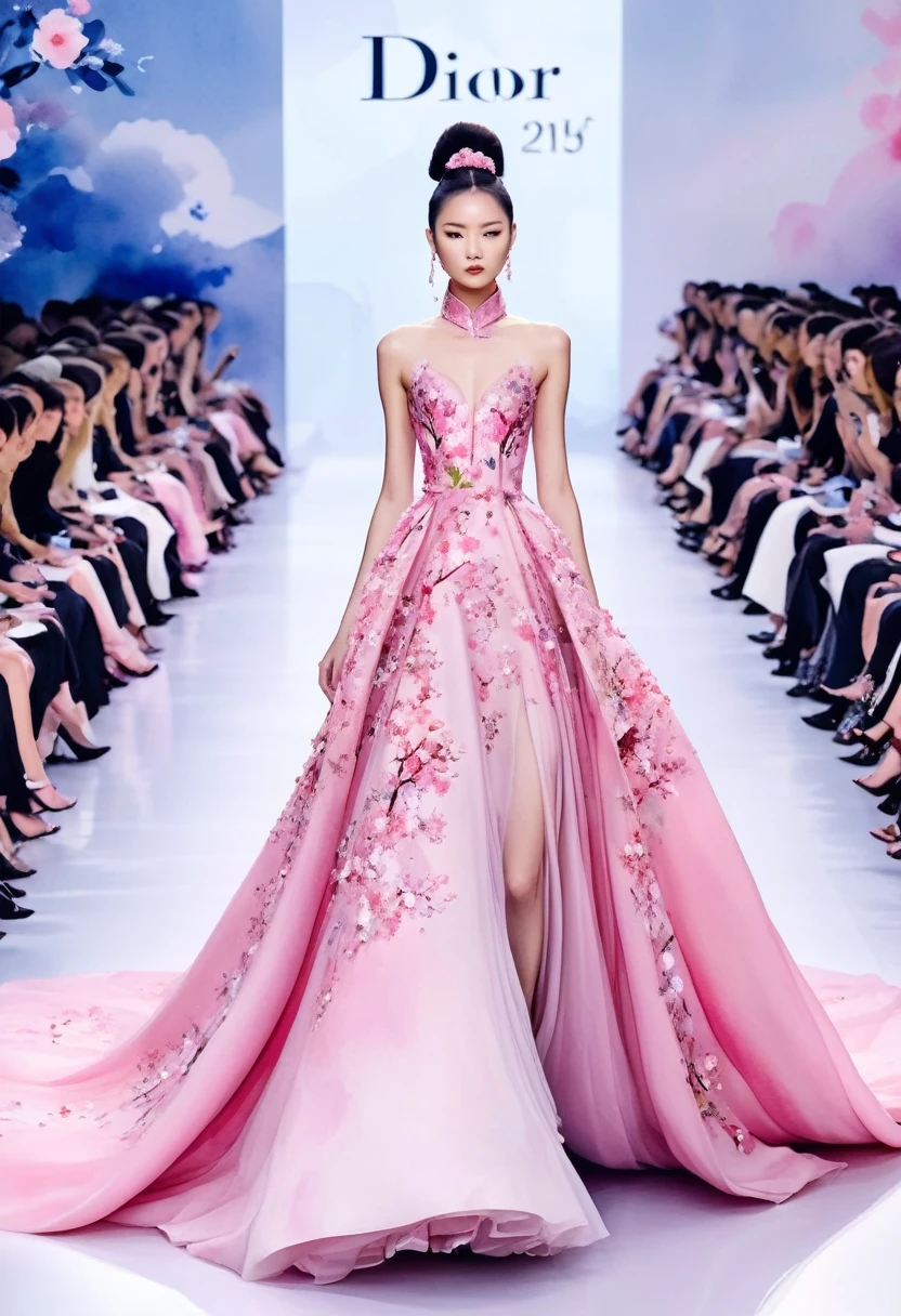 watercolor style::1.5 , Chinese model wearing a pink Dior gown with floral detailing, full body shot, on the runway, front view, showcasing the voluminous skirt and train details, natural lighting, Exaggerated dresses, Watercolor style, . The gown is in the style of Dior., anime style,