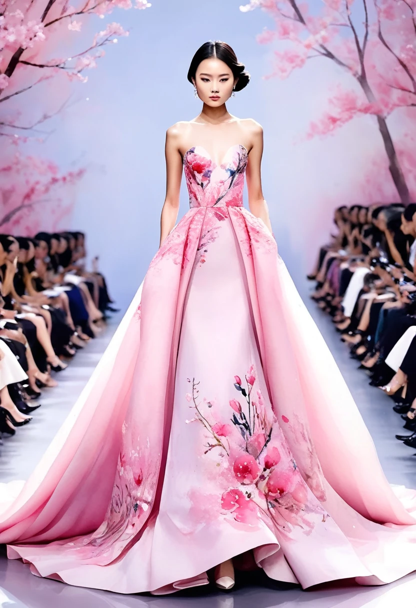watercolor style::1.5 , Chinese model wearing a pink Dior gown with floral detailing, full body shot, on the runway, front view, showcasing the voluminous skirt and train details, natural lighting, Exaggerated dresses, Watercolor style, . The gown is in the style of Dior., anime style,