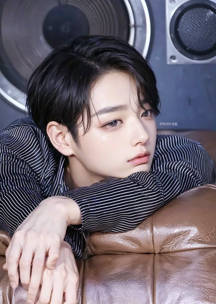 Kpop boy, Jeon Jungkook, smooth skin, big eyes, beautiful lips. 