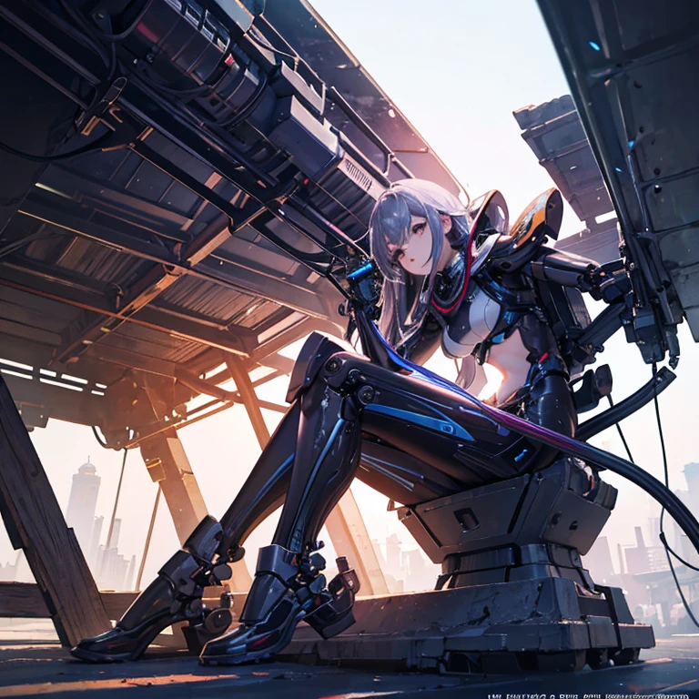 Super beautiful face, Mechanical body: 1.5, Online world background: 1.5, 19 years old, 150mm, Long Hair, Beautiful studio soft light, Vivid details, Beautiful background, Octane Rendering, 8K, Highest quality, masterpiece, An illustration, So determined and beautiful, Very detailed, CG, Unity , wallpaper, (Realistic, photo-Realistic: 1.37), wonderful, In detail, Learning, Highest quality, Official Art, Very detailed CG Unity 8K wallpaper, robot, whole body, whole body shooting, Sitting