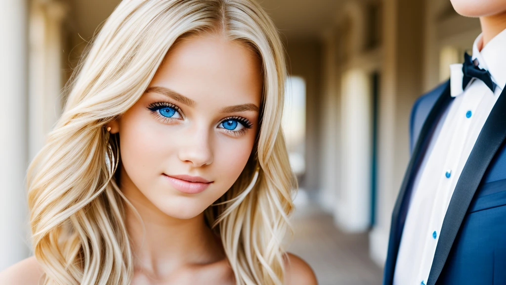 beautiful portrait of a girl, blonde hair, perfect blue eyes at the prom, rich party style