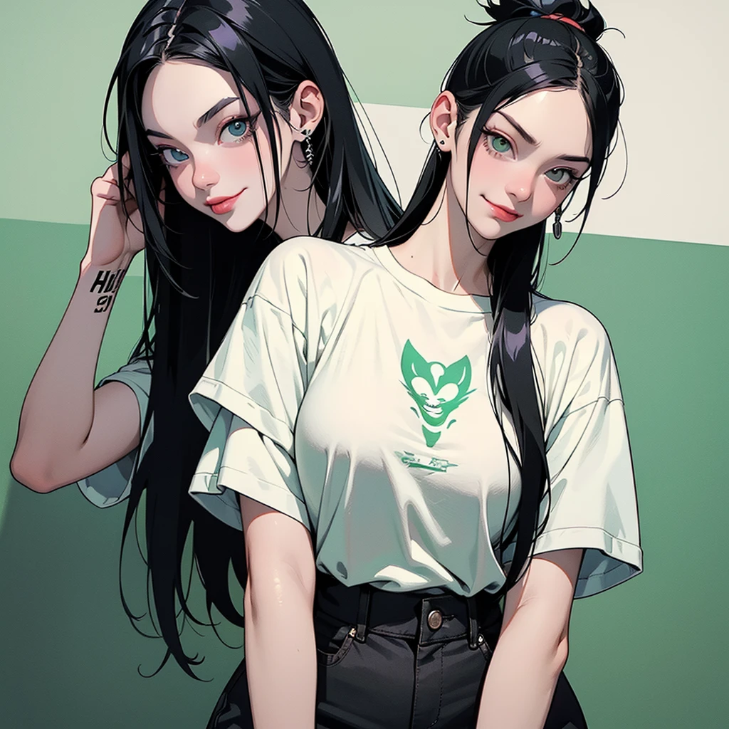 girl similar to gorillaz noodle, long black and green gradient straight hair ((drawing)), ((anime girl nose)), white t-shirt, resting her chin on her hand (pose for photo) tattoos on her arms, showing her tongue, art cyberpunk, malicious look, nervous teenager, malicious smile, classroom background scene and teacher shouting at students, art inspired by Jamie Hewlett,
