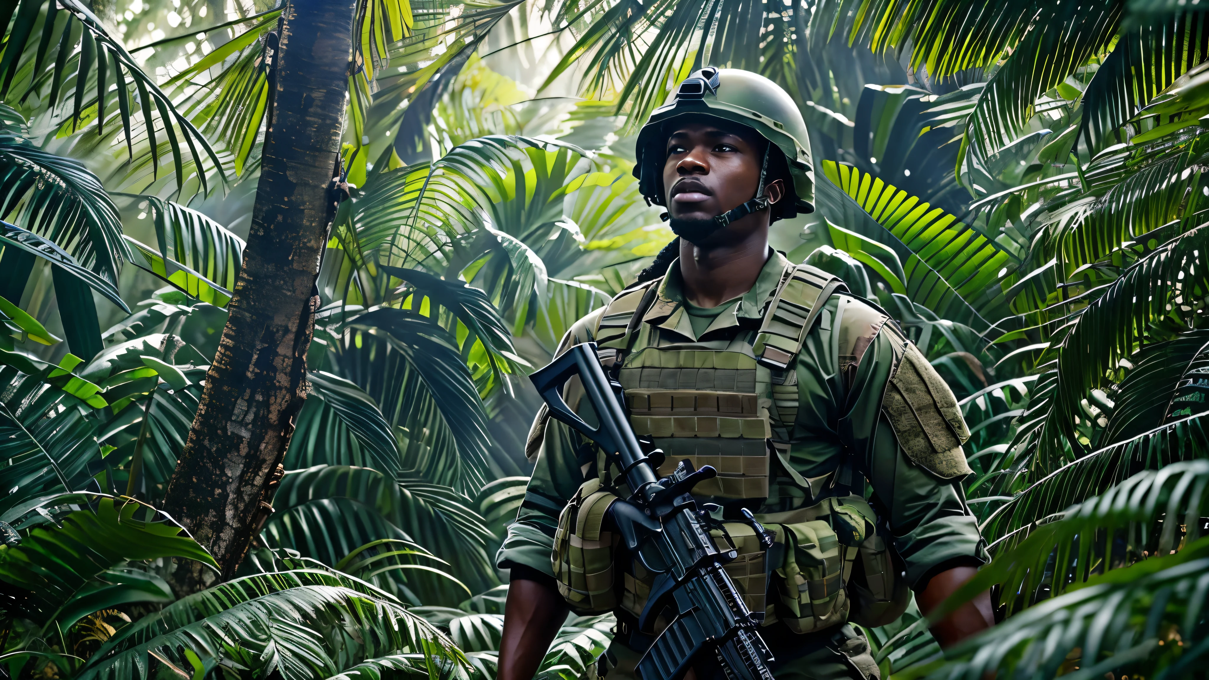 Generate an image of an African-American soldier walking through a dense jungle. The soldier is dressed in military fatigues, carrying a rifle, and wearing a helmet. The jungle is lush and green, with thick vegetation, towering trees, and a canopy that filters sunlight, creating a mix of light and shadow. The soldier's expression is focused and determined, capturing the intensity and vigilance required in such an environment. The scene should convey a sense of adventure and resilience. cinematic action, cinematic lighting, backlighting, masterpiece, anatomically correct, textured skin, super detail, 8k atmospheric perspective, depth of field,