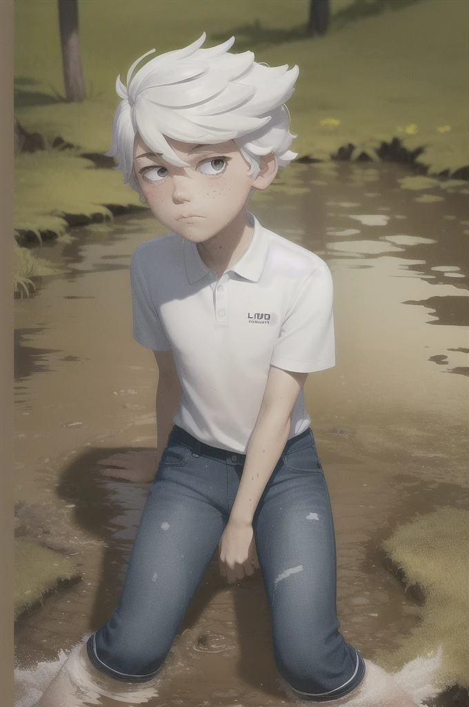 ((lincoln loud, 1boy)), long hair, white hair, sexy thighs, organe polo shirt, blue jeans pants, freckles, body freckles, solo he is stuck in muddy quicksand sinking deeper reaches his upper his neck 