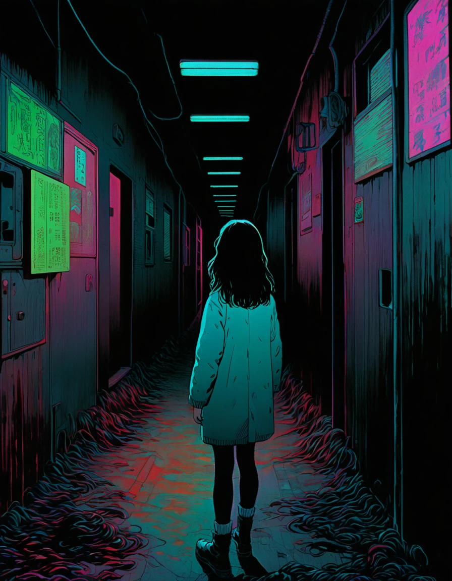 illust、art、from 80s horror movie, directed by Junji Ito、darkness、Alley、nightmare、anxiety、high detail, realsitic shadow、Analog style, vhs style, 8mm film, chromatic aberration, Dvd screengrab、Surrealism