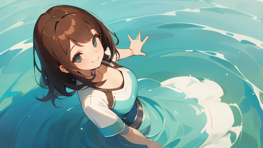 A beautiful girl looking at camera, shoprt brown hair, smiling, shes on the water, top view, the water is perfect,