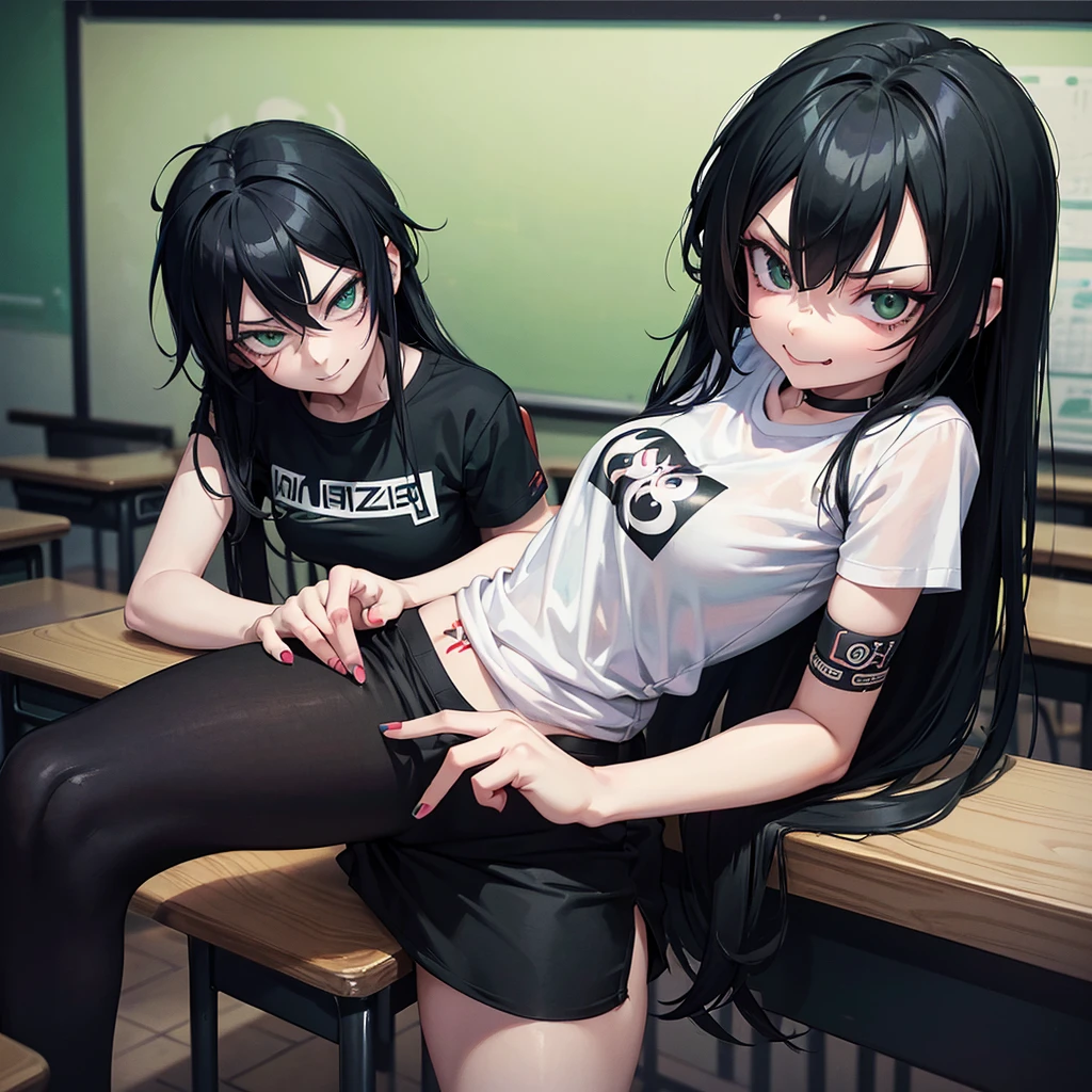 girl similar to gorillaz noodle, long black and green gradient straight hair ((drawing)), ((anime girl nose)), white t-shirt, resting her chin on her hand (pose for photo) tattoos on her arms, showing her tongue, art cyberpunk, malicious look, nervous ager, malicious smile, classroom background scene and teacher shouting at students, art inspired by Jamie Hewlett,