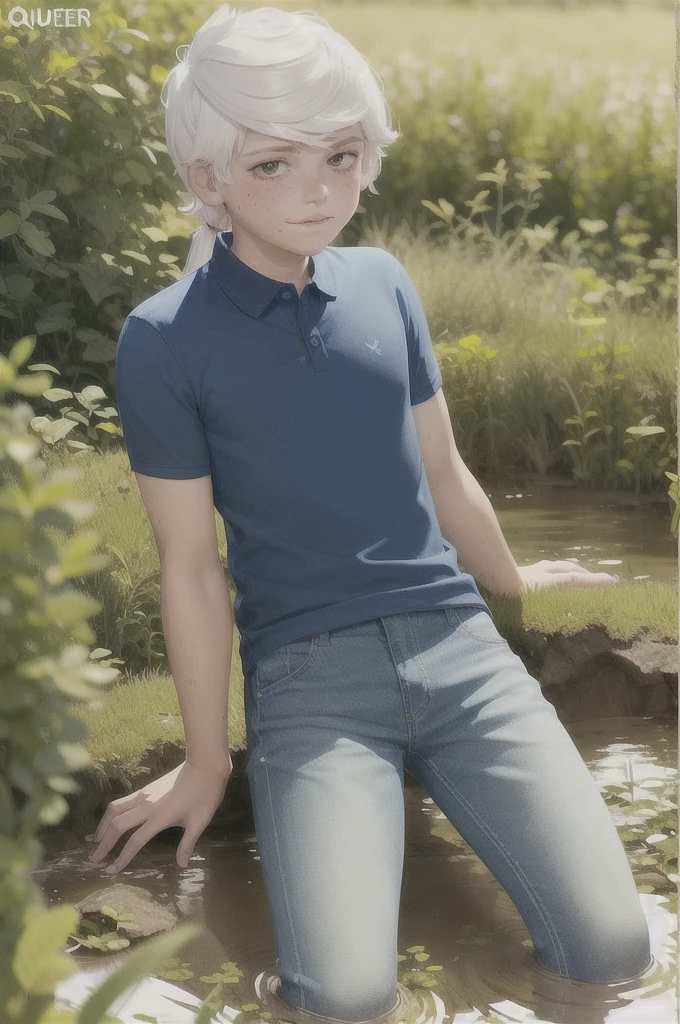((lincoln loud, 1boy)), long hair, white hair, sexy thighs, organe polo shirt, blue jeans pants, freckles, body freckles, solo he is stuck in muddy quicksand sinking deeper reaches his upper his neck