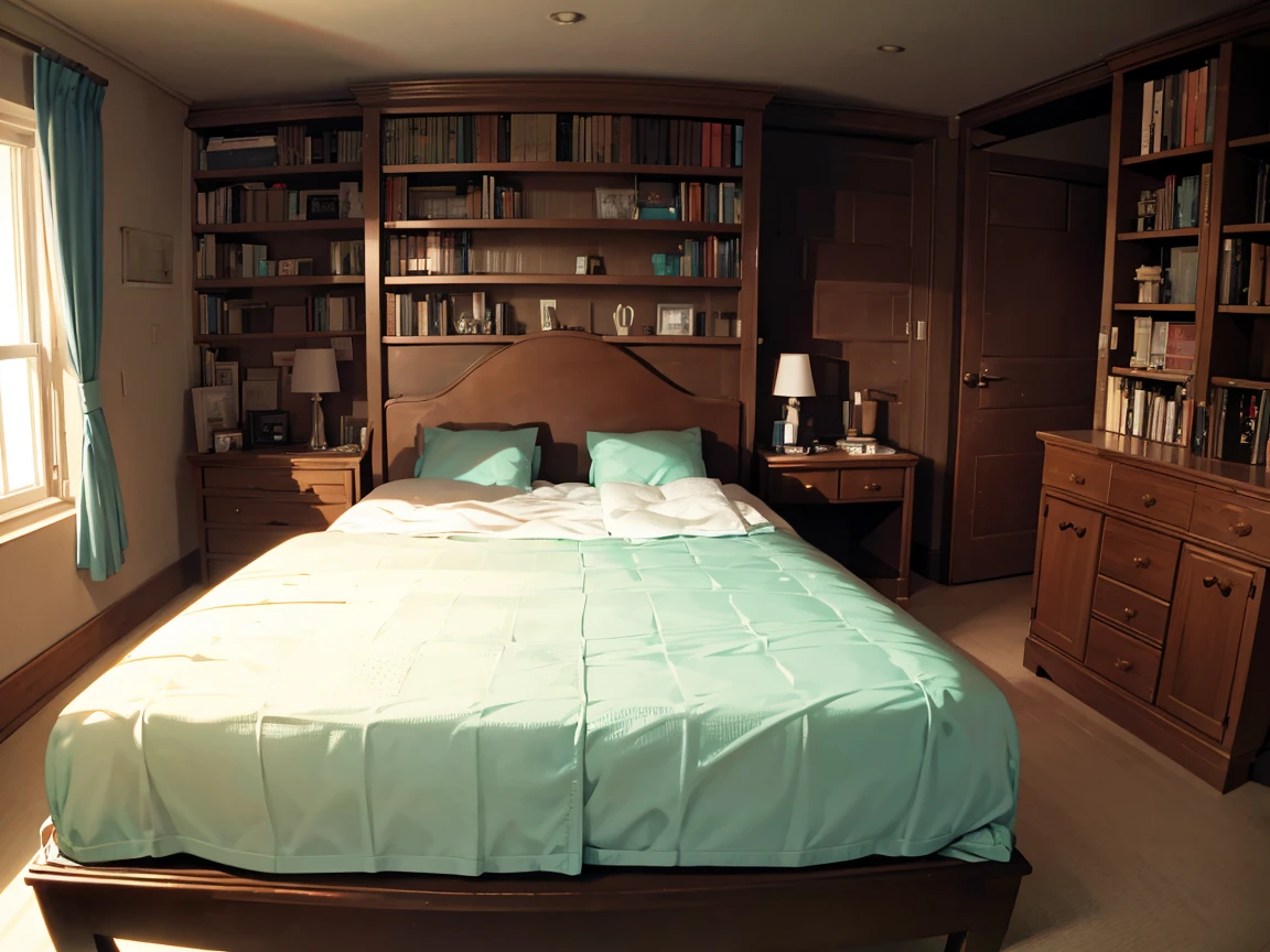 A dark bedroom completely covered with bookshelves、desk with a computer、No people