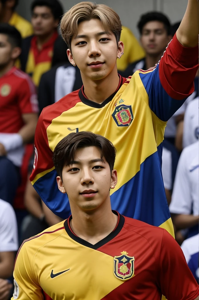 Namjoon from BTS with the Venezuelan soccer team shirt in red
