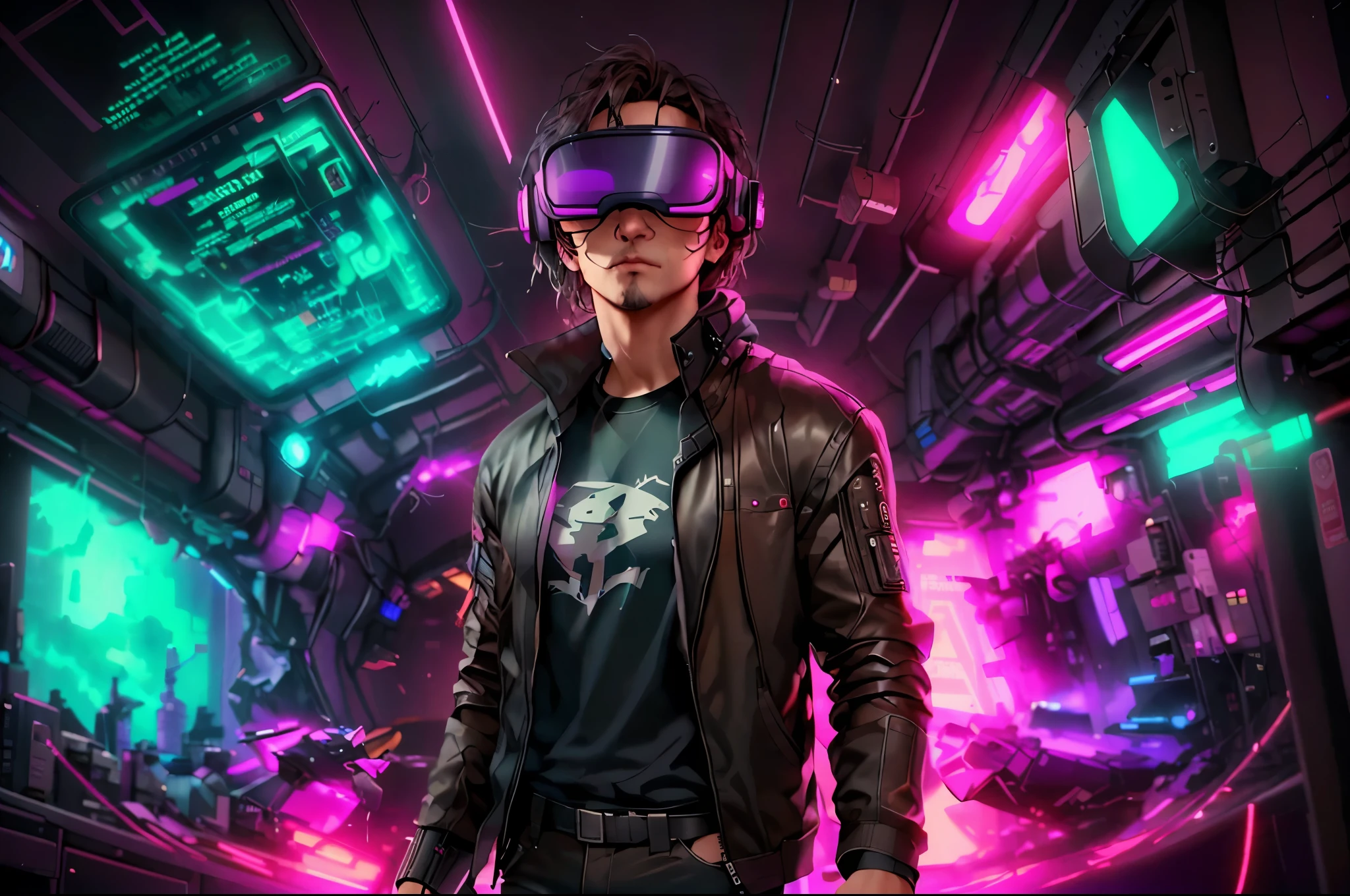 neocruz cabello largo , messy hair, barba, a man in a black jacket and glasses stands in front of a futuristic city, vr game, cyberpunk vibe, cyberpunk vibes, deeper into the metaverse we go, has cyberpunk style, cyberpunk theme, in cyber punk 2077, cyberpunk futuristic, cyberpunk future, synthwave, wearing cyberpunk streetwear, futuristic cyberpunk, cyberpunk tech, retro cyberpunk, synthwave style