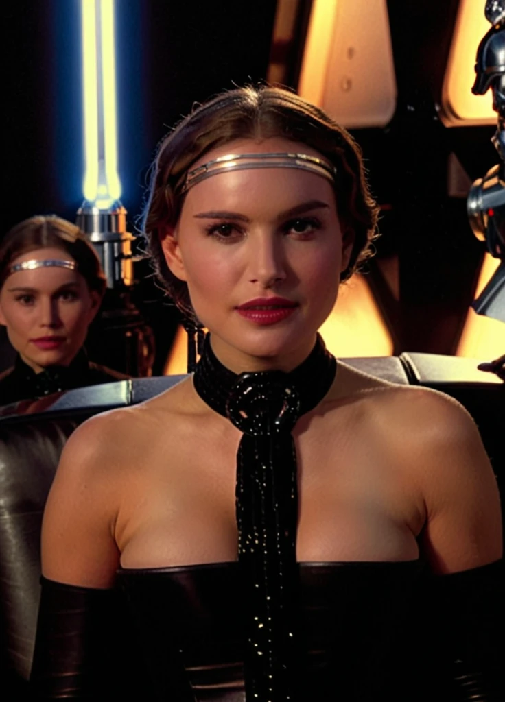 high resolution photo face close-up of p4dme woman sitting in a star wars ship,looking at camera,naboo corset, braid ponytail, tiara,full body shot,depth of field,volumetric lighting,sunrise,(surreal dramatic lighting shadow)