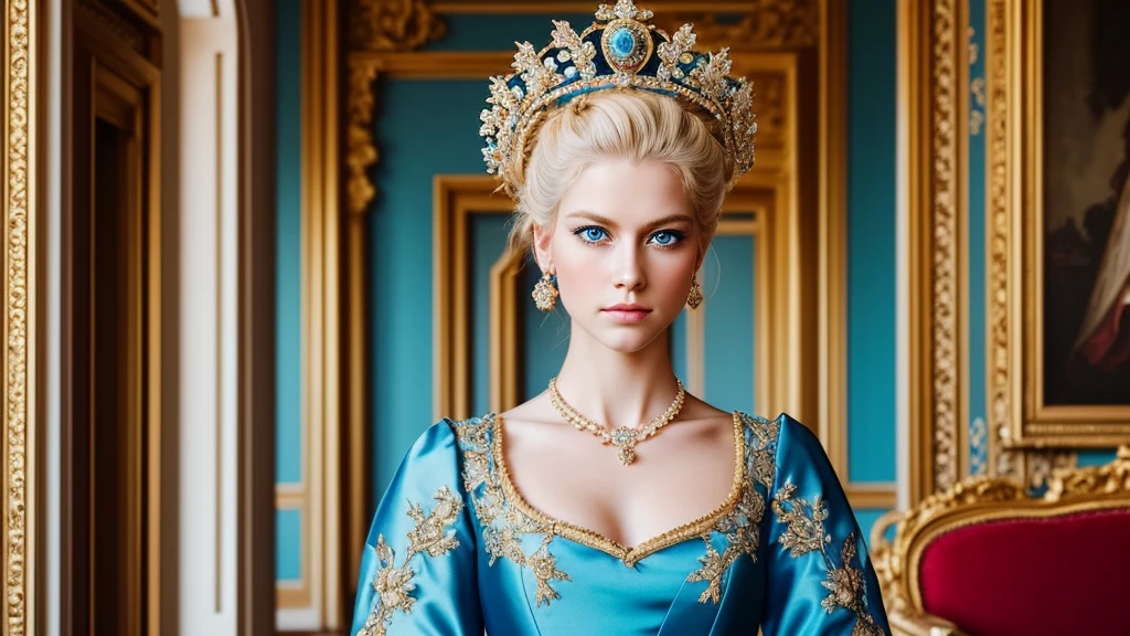 beautiful portrait of the empress, hair blonde, perfect blue eyes in the palace,Baroque style
