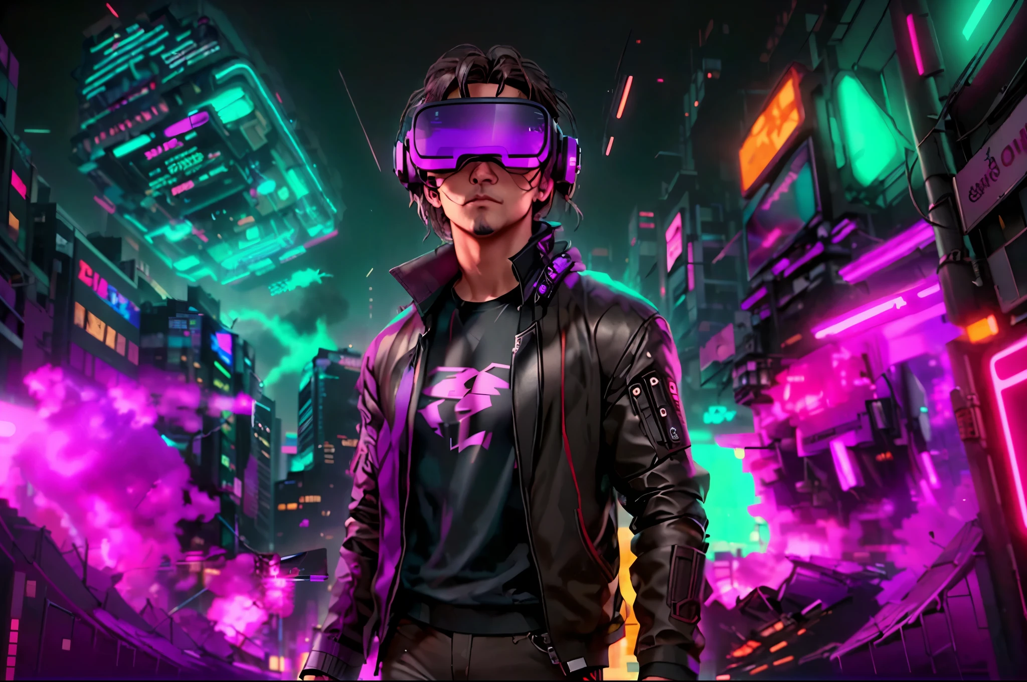 neocruz cabello largo , messy hair, barba, a man in a black jacket and glasses stands in front of a futuristic city, vr game, cyberpunk vibe, cyberpunk vibes, deeper into the metaverse we go, has cyberpunk style, cyberpunk theme, in cyber punk 2077, cyberpunk futuristic, cyberpunk future, synthwave, wearing cyberpunk streetwear, futuristic cyberpunk, cyberpunk tech, retro cyberpunk, synthwave style