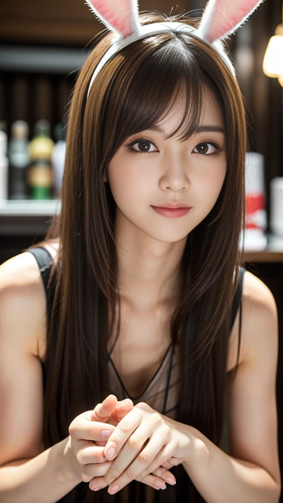 masterpiece, Highest quality, Realistic, Highly detailed CG integrates 8K, 8K,(Very beautiful face, Beautiful Lips, Beautiful Eyes), Exquisitely detailed face,1 Girl, Very beautiful girl,Exquisite eye makeup,Subtle eye detail,The best example of four fingers and one thumb,Toned figure,Nice and beautiful smile,明るいLong Hair,transparent, Quality hair,(masterpiece, Highest quality:1.2),alone,The eyes are exquisite and delicate,Brown Hair、Long Hair、Pink Lips,blue eyes,Big Breasts、Wavy Hair、(((Bunny girl、pub)))、Japanese、25-year-old female