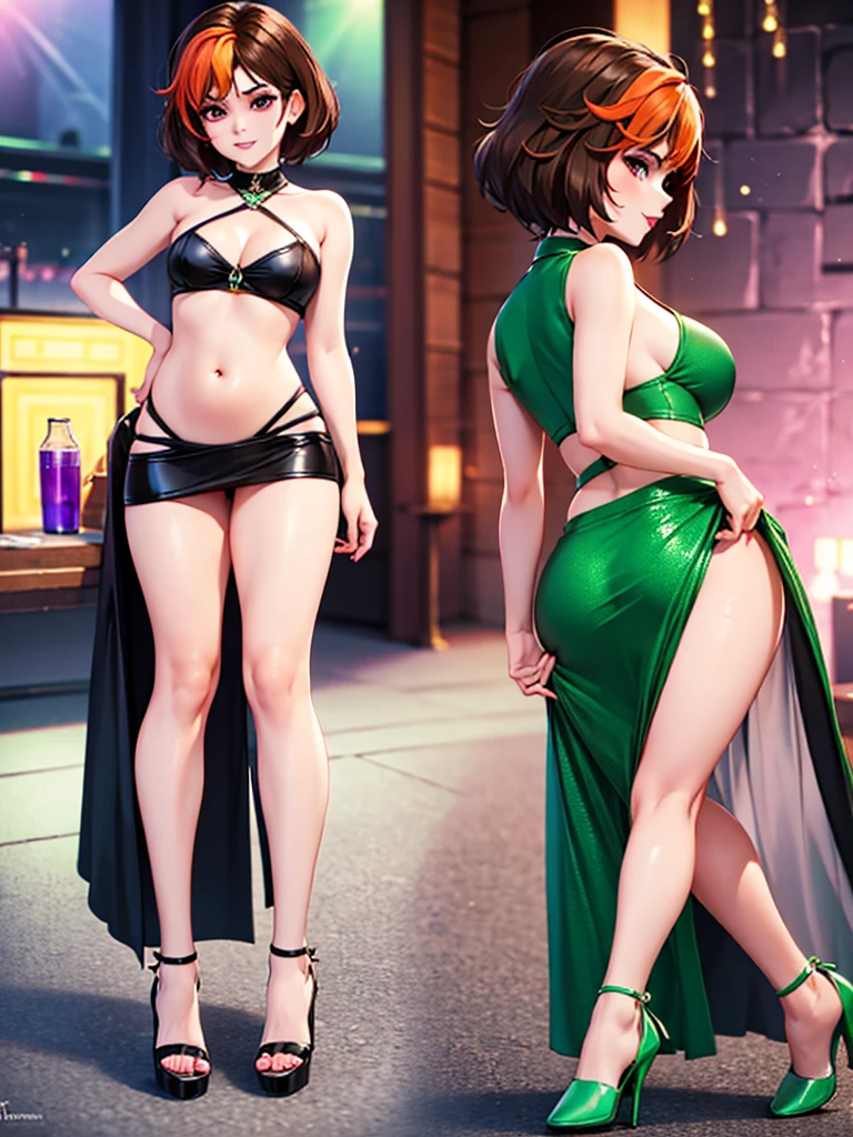 merula, fluor green high heels, sexy red labial, tonified legs, sexy sequin mini skirt, brunette hair, full body, belly