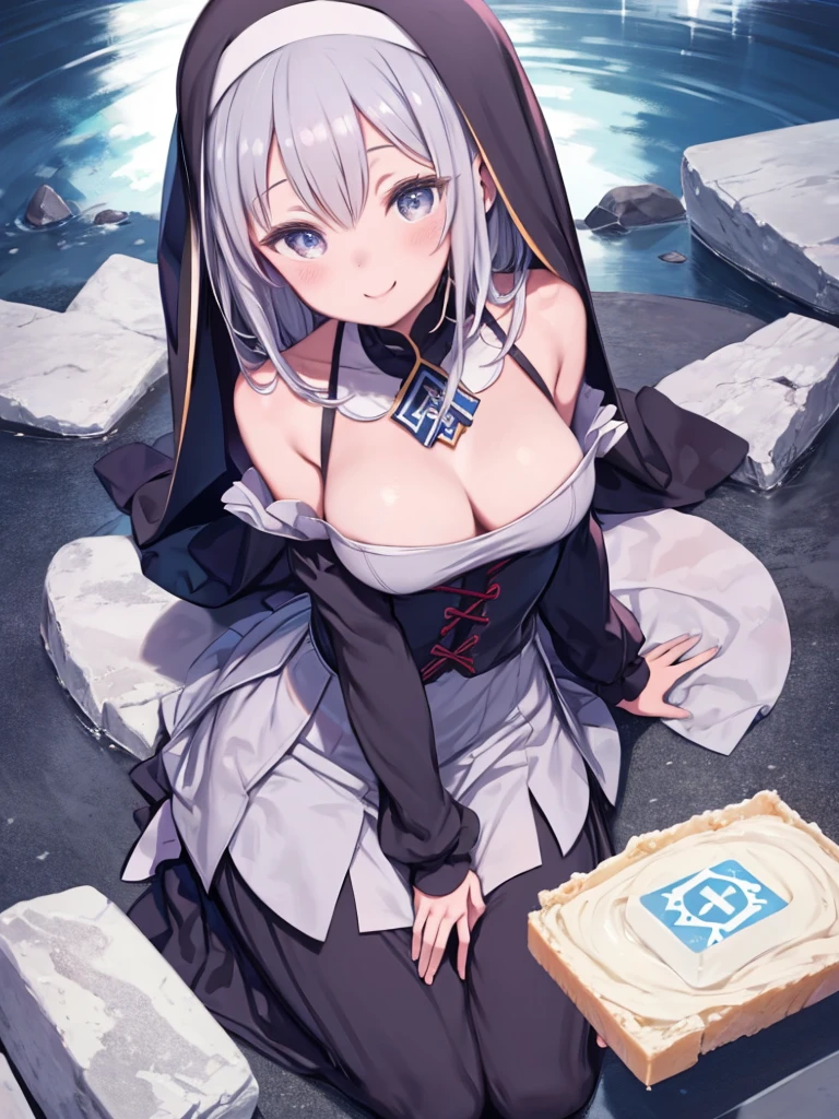 One Girl, Yukinoshita Yukino, (Highest quality, High resolution, 4K, Detailed lighting, Shaders), Nuns, Cleavage, cheese, smile, blush, Upper Body, concentrated, From above, Upward glance,