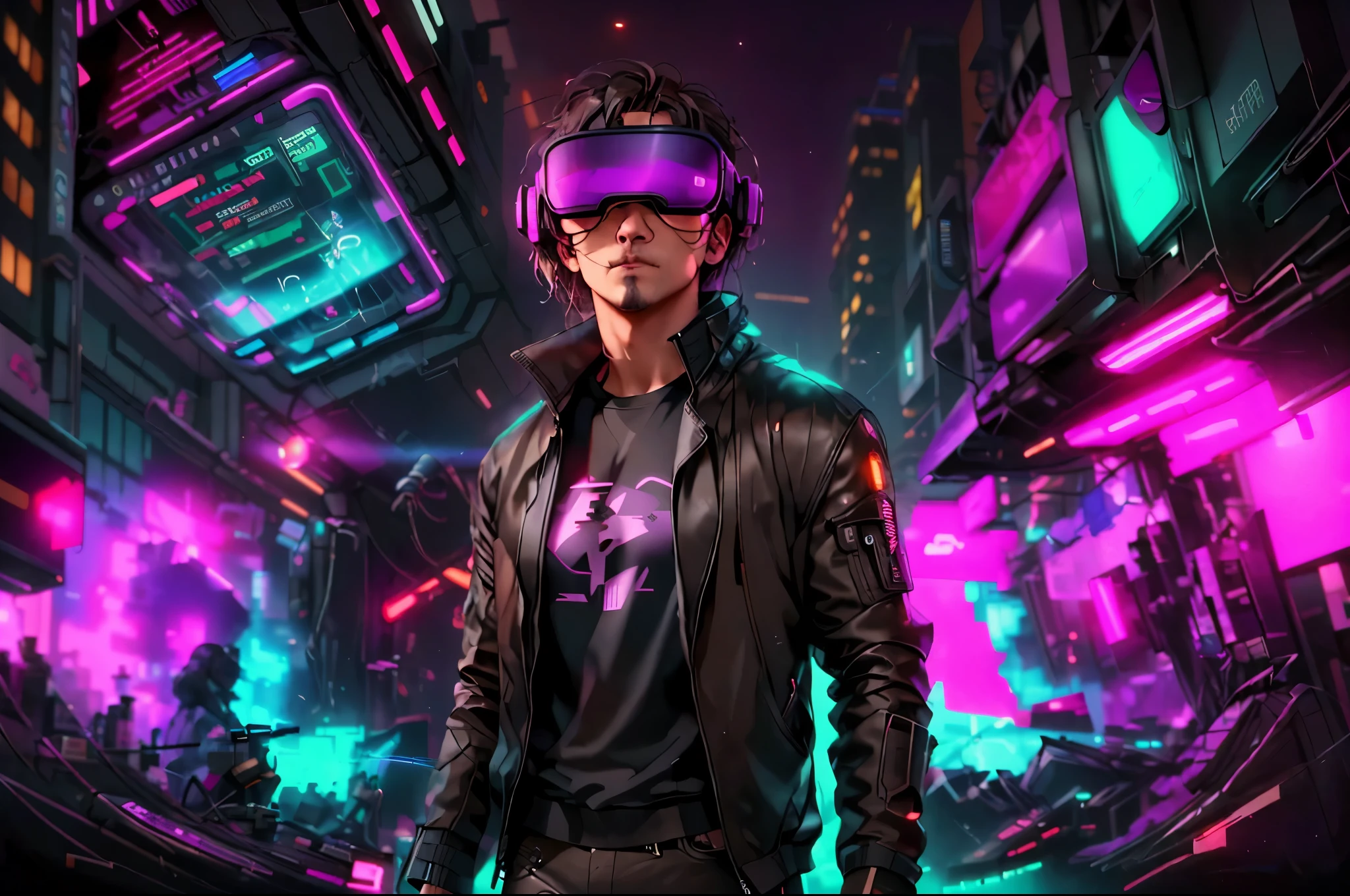 neocruz cabello largo , messy hair, barba,  a man in a black jacket and glasses stands in front of a futuristic city, vr game, cyberpunk vibe, cyberpunk vibes, deeper into the metaverse we go, has cyberpunk style, cyberpunk theme, in cyber punk 2077, cyberpunk futuristic, cyberpunk future, synthwave, wearing cyberpunk streetwear, futuristic cyberpunk, cyberpunk tech, retro cyberpunk, synthwave style