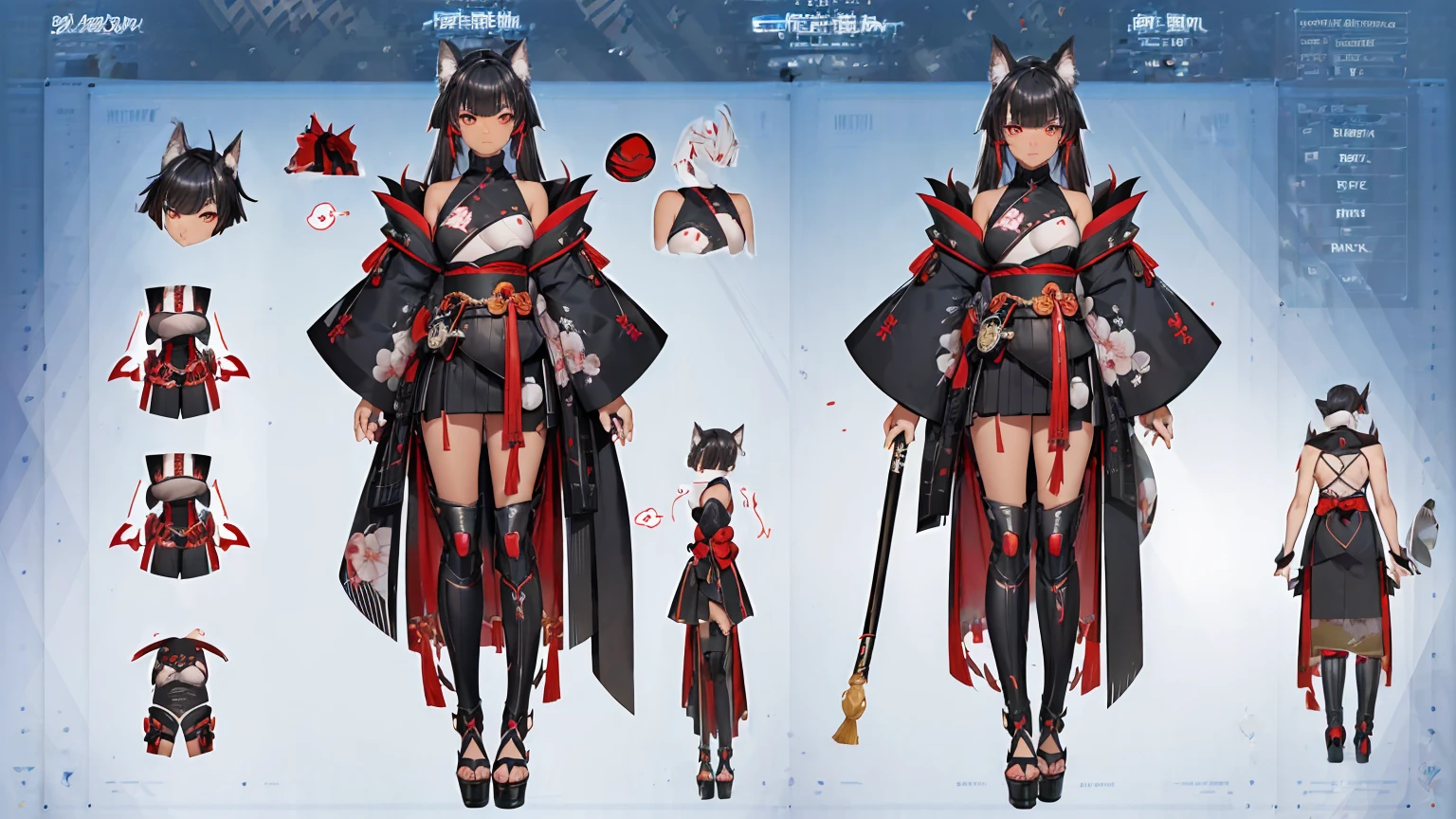 (highest quality、4k、8k、High resolution、masterpiece: 1.2)、Super detailed、real、photorealistic An illustration、(((character design sheet, Detailed character description)))、Full body three-view diagram and detailed explanation of clothing:1.2, creative design dark skin, woman, black woman, masculine, brown eyes, black long messy hair, black hair with grayish highlights side bang to left side of face covering eye halfway, shogun, warrior, black red kimono, armor chest piece, armor samurai shoulder pads, emotionless expression, wolf ears, wowolf tail scars on face, wearing geta footwear, long robes, Sakura petals