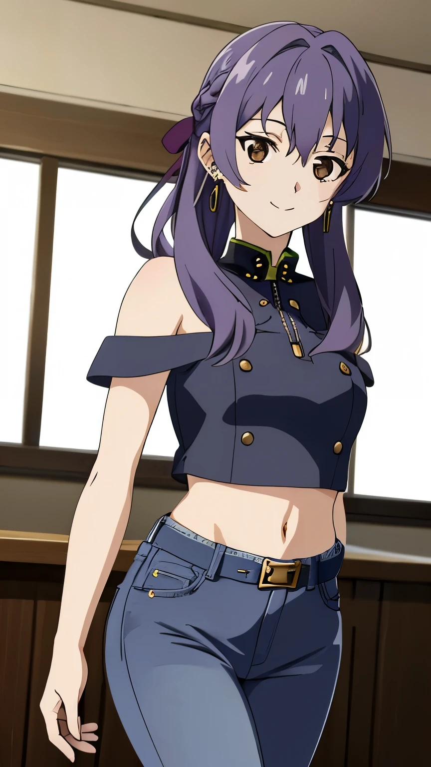 (masterpiece, best quality, high resolution, 8k),anime art style, Shinoa, 1 girl, dark brown eyes, medium breasts, smile, hair ribbon, (jeans_lure_clothing, earrings:1.2), alone, standing,dynamic Angle cowboy shot,