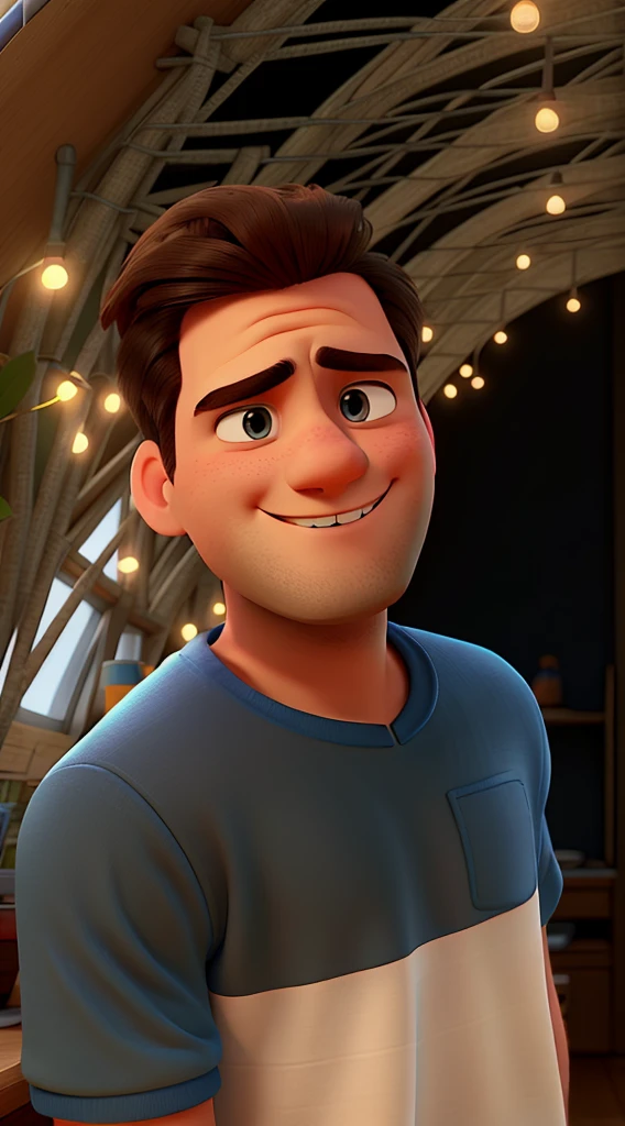 A man wearing a blue sweatshirt with a Disney Pixar style cap, solid background