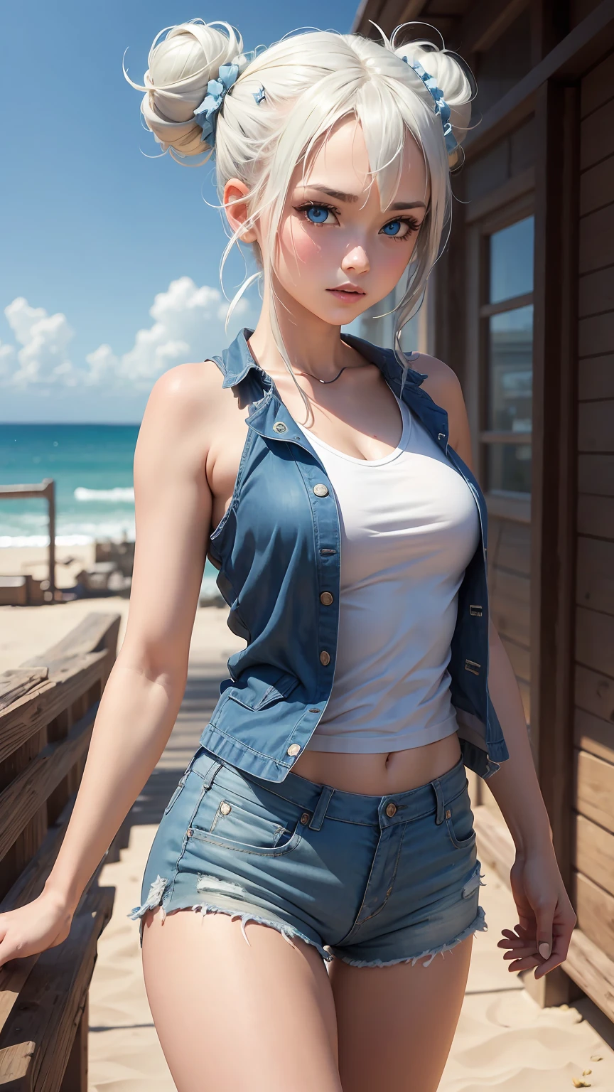 Girl1,cowboy shot,round face,blue eyes,white hair,(double bun hairstyle,blue tank,short pants),green background,HD,highly detailed