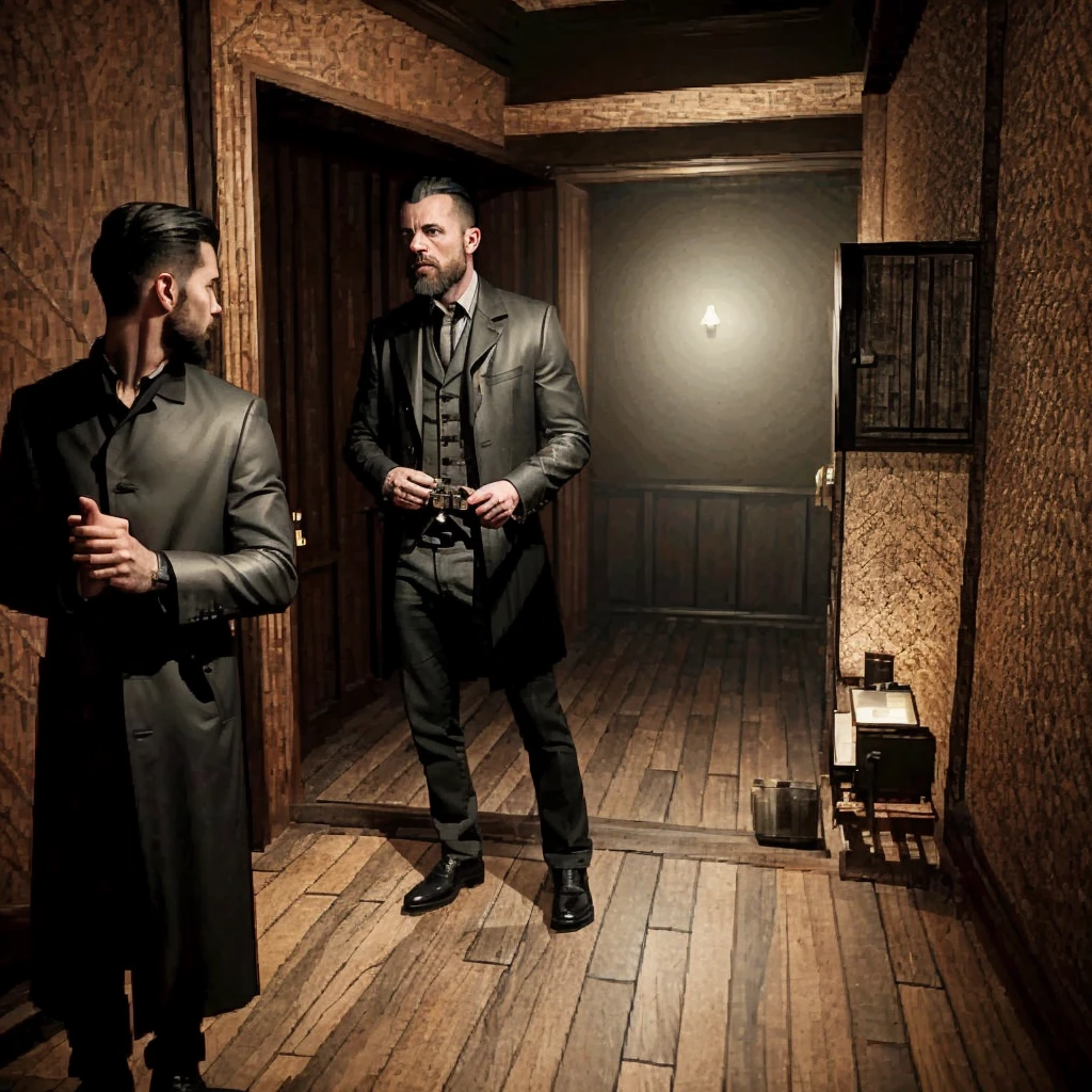 a man with two heads emerging from the same body, playing guitar in a dimly lit bar, full-length portrait, wearing a black overcoat, photorealistic, cinematic lighting, dark atmosphere, dramatic shadows, moody, surreal, masterpiece, highly detailed, 8k, intricate details, hyperrealistic, dramatic chiaroscuro, gothic, haunting, cinematic, emotive, mesmerizing, atmospheric, visually striking