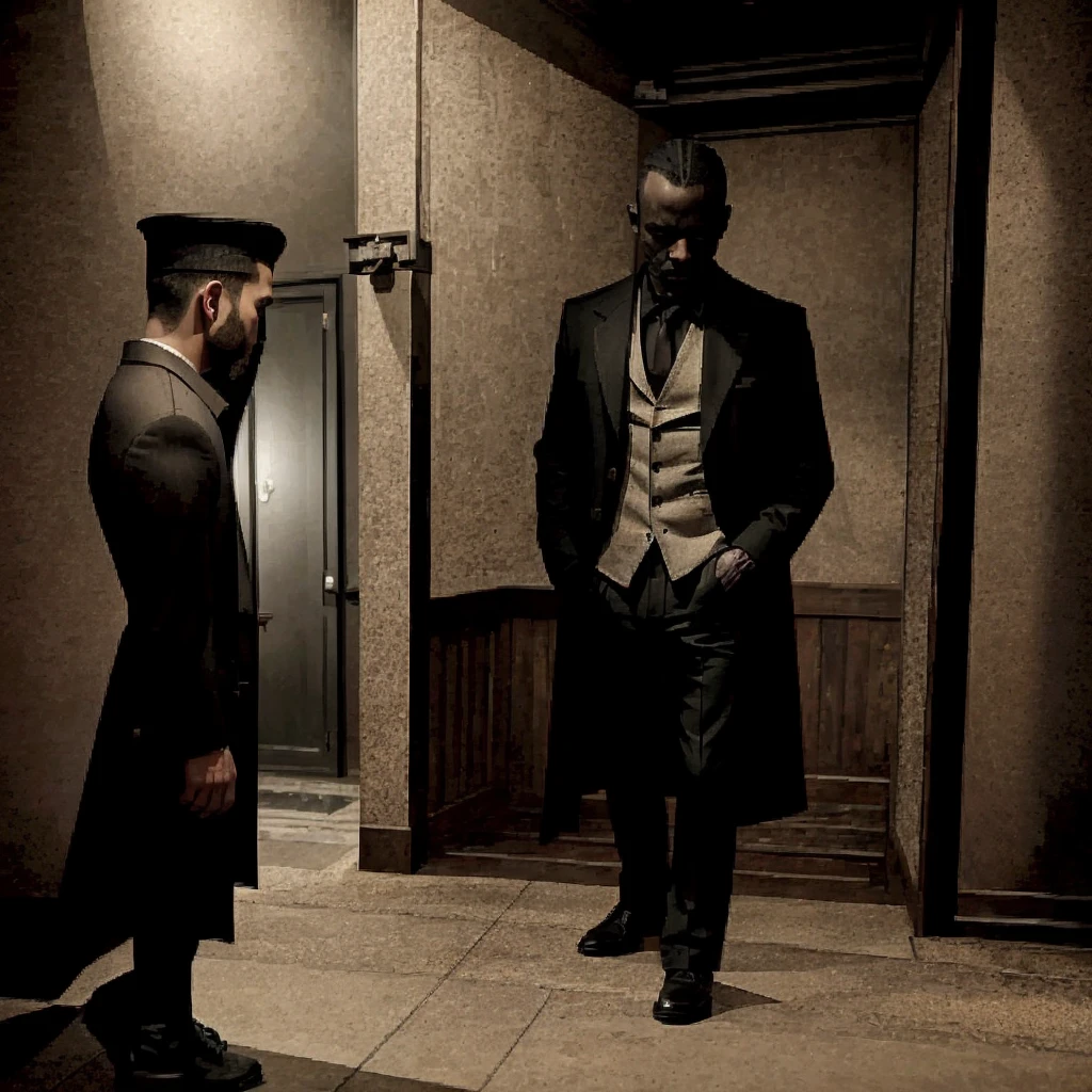 a man with two heads emerging from the same body, playing guitar in a dimly lit bar, full-length portrait, wearing a black overcoat, photorealistic, cinematic lighting, dark atmosphere, dramatic shadows, moody, surreal, masterpiece, highly detailed, 8k, intricate details, hyperrealistic, dramatic chiaroscuro, gothic, haunting, cinematic, emotive, mesmerizing, atmospheric, visually striking