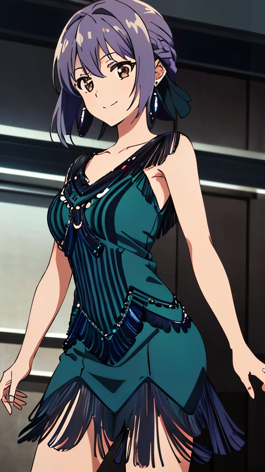 (masterpiece, best quality, high resolution, 8k),anime art style, Shinoa, 1 girl, dark brown eyes, medium breasts, smile, hair ribbon, (flapp3r, black flapper dress, blue flapper dress, red flapper dress, green flapper dress, flapper dress, earrings:1.2), alone, standing,dynamic Angle cowboy shot,