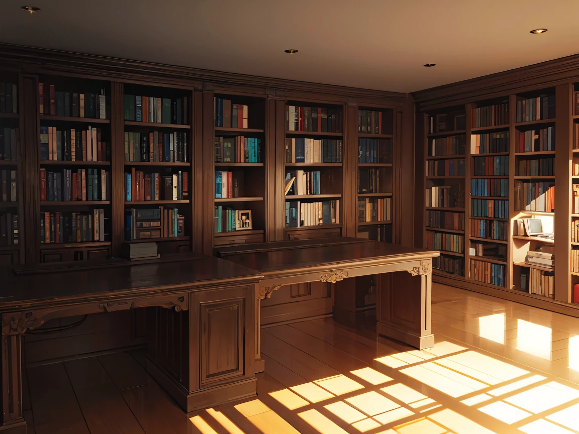 A dark room completely covered with bookshelves、desk with a computer、No people