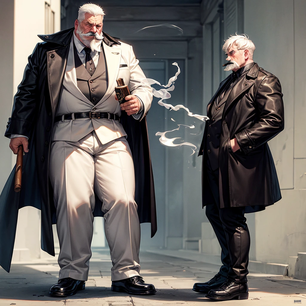 middle age man with white beard in his 30s a open military coat with cybernetic hands and legs. another woman 16 years old wearing white tights with nipple protrusion:1.3