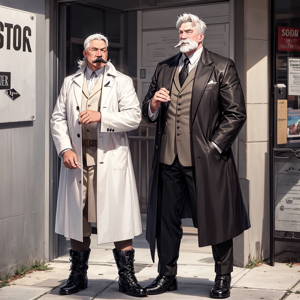 Short white hair, fatter, wears a black coat, smokes cigar, has a mustache, Drooping face, wear boots, also 1'85, wears black pants