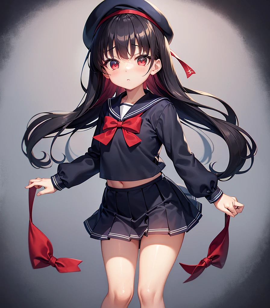 (Sailor suit),Big red ribbon,(((Navy Mini Skirt))),beret,,Cute little ,Tiny Lori,Small girl,,Childish face, Very fine clean face,Top quality, Big eyes,Straight Hair,Yellow hair,Crimson Eye,(Dark Room), Subtle light, Natural light,Soft lighting,Light from directly behind, (Are standing), Cute pose, (Open your hands), Showing the whole body,Front view,Black background