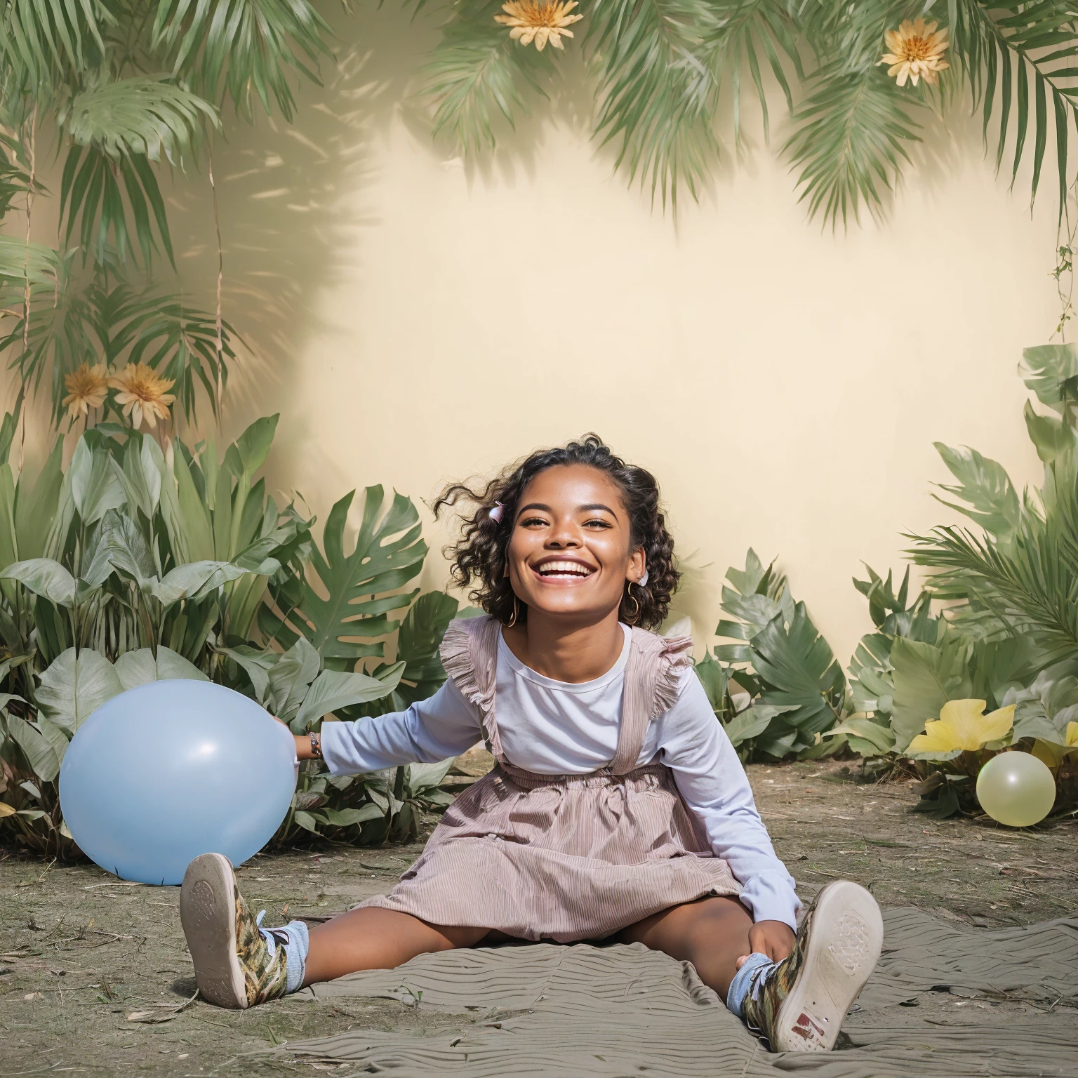 There is someone sitting on the grass with a balloon, toy commercial photo, smiling playfully, she expressing joy, Happy , portrait medio, happy girl, foto de portrait, foto portrait, she is smiling and excited, playful smile, having a great time, YOUNG , toddler, portrait, portrait en plano medio, in a jungle environment, portrait de alta calidad