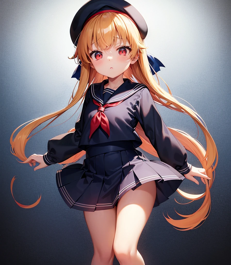 (Sailor suit),Big red ribbon,(((Navy Mini Skirt))),beret,,Cute little ,Tiny Lori,Small girl,,Childish face, Very fine clean face,Top quality, Big eyes,Straight Hair,Yellow hair,Crimson Eye,(Dark Room), Subtle light, Natural light,Soft lighting,Light from directly behind, (Are standing), Cute pose, (Open your hands), Showing the whole body,Front view,Black background