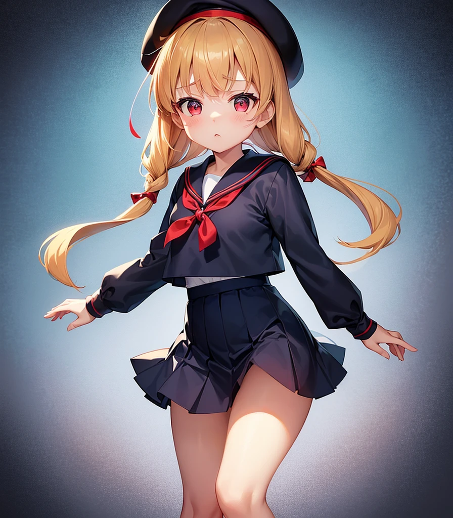 (Sailor suit),Big red ribbon,(((Navy Mini Skirt))),beret,,Cute little loli,Tiny Lori,Small girl,,Childish face, Very fine clean face,Top quality, Big eyes,Straight Hair,Yellow hair,Crimson Eye,(Dark Room), Subtle light, Natural light,Soft lighting,Light from directly behind, (Are standing), Cute pose, (Open your hands), Showing the whole body,Front view,Black background