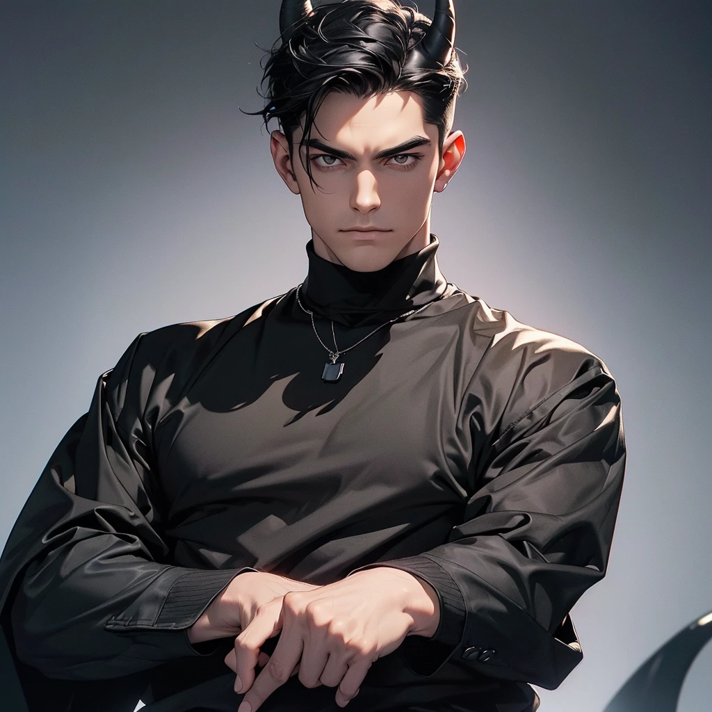 "(The best quality, 4k, 8k, High Resolutions, Masterpiece:1.2), ultra detailed, (realist, fotorrealist, fotorrealist: 1.37), Manhwa, (1 male, man, a man 20-30 years old), Gothic style, demonic, elegant, masculine, dominant, attractive, sexy, a penetrating look, (Messy short hair black hair), fringe that covers his forehead, perfect and detailed face, big body, muscular, ectomorfo, Without beard, demonic smile, mocking expression, arrogant, Dynamic pose with a black cape, pumped body, good anatomy, (dressed in a black long-sleeved shirt, black turtleneck, black denim pants, heavy boots, black leather gloves on both hands, long black horns facing back), (detailed eyes, Even the eyes)